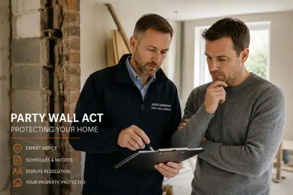 Party wall surveyor Dartford discussing extension plans with homeowner outside a UK semi-detached house.